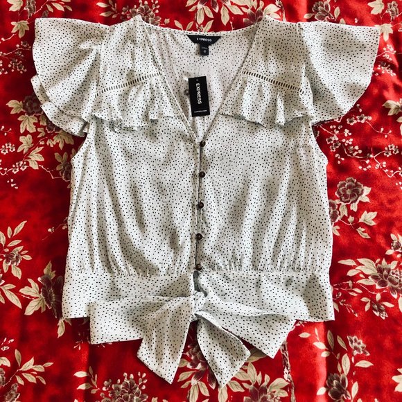 *NEW WITH TAGS* Polka Dot Flutter Sleeve Tie-Front Blouse by Express - Size XS - Picture 9 of 16